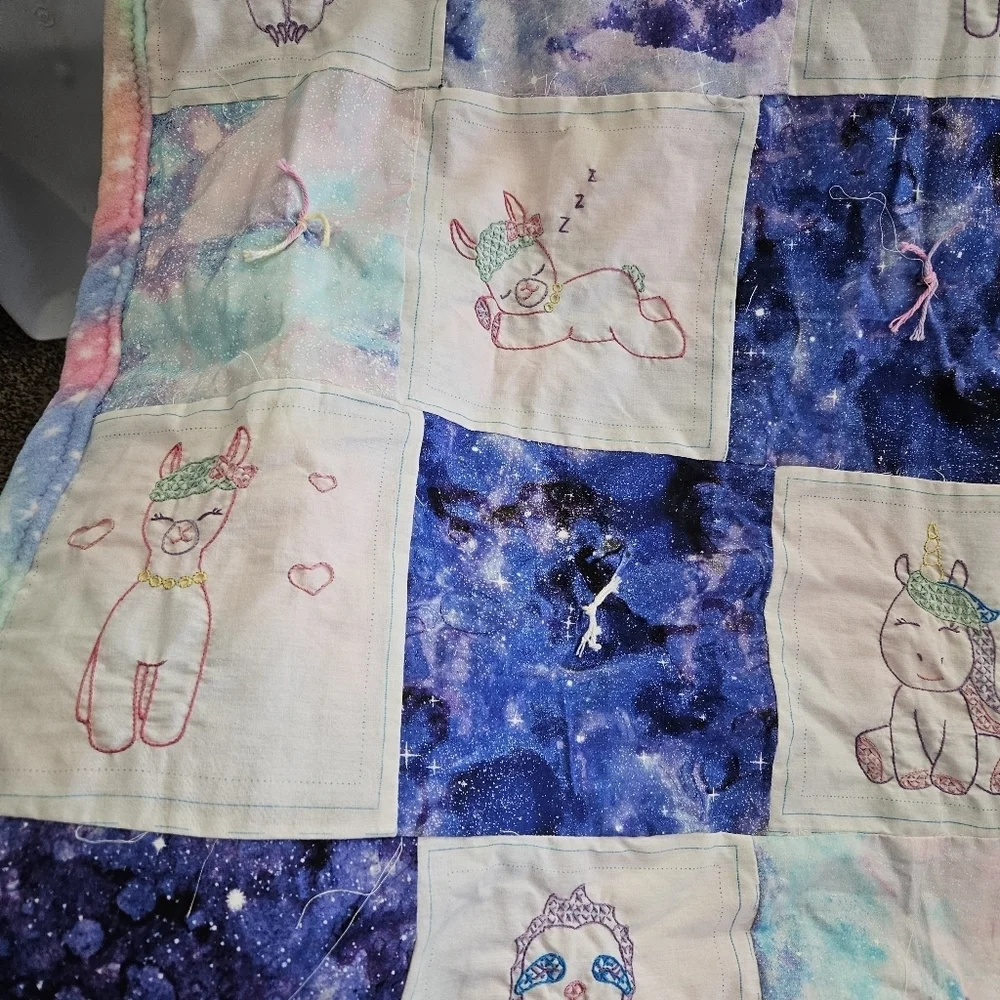 Handmade Patchwork Animal Baby Quilt Blue White Rainbow Sloth Unicorn Sleeping